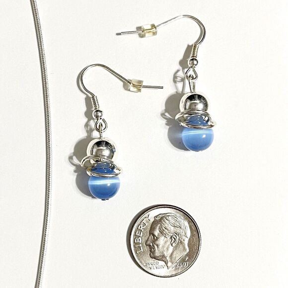 Blue Cats Eye Glass Beaded Necklace Earring Set Silver Tone Rings Demi Parure - Picture 4 of 5